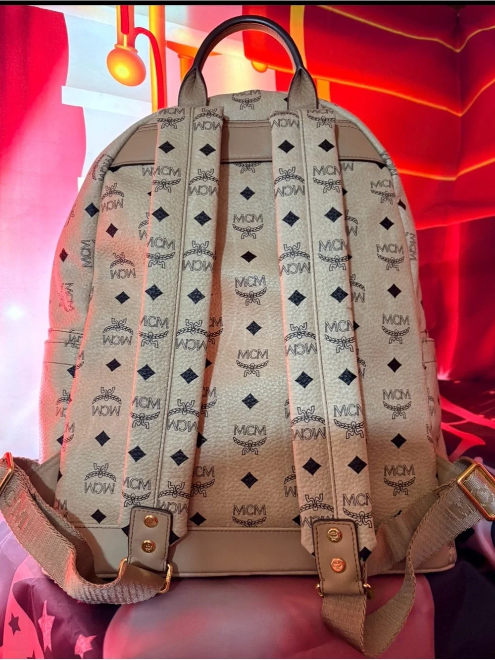MCM Beige Visetos Logo Studded Backpack with Gold Plaque